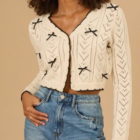 Altar'd State Sweaters - Altar'd State Cece Cream Dainty Bow Cardigan